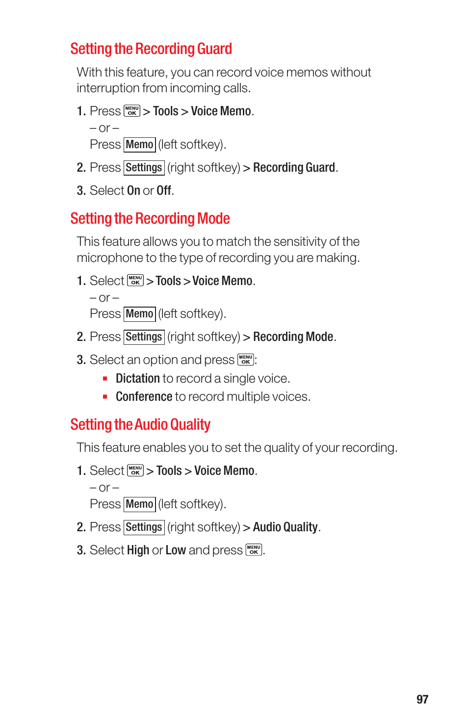 Setting the recording guard, Setting the recording mode, Setting the audio quality | Sanyo PRO-700 User Manual | Page 101 / 133