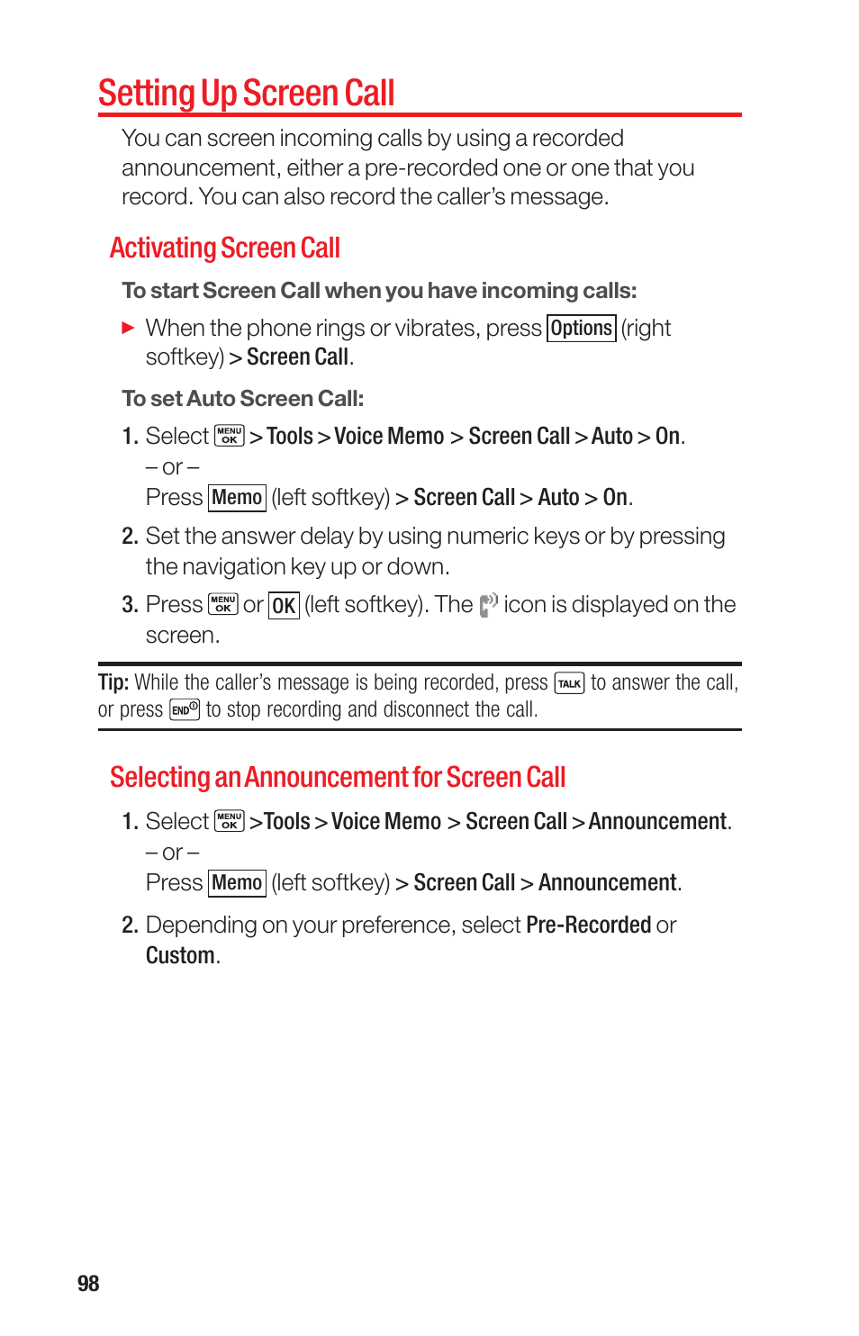 Setting up screen call, Activating screen call, Selecting an announcement for screen call | Sanyo PRO-700 User Manual | Page 102 / 133