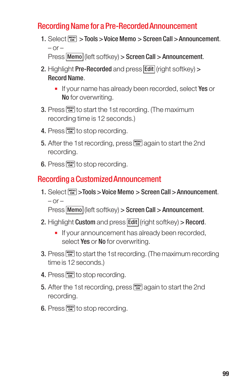 Recording name for a pre-recorded announcement, Recording a customized announcement | Sanyo PRO-700 User Manual | Page 103 / 133