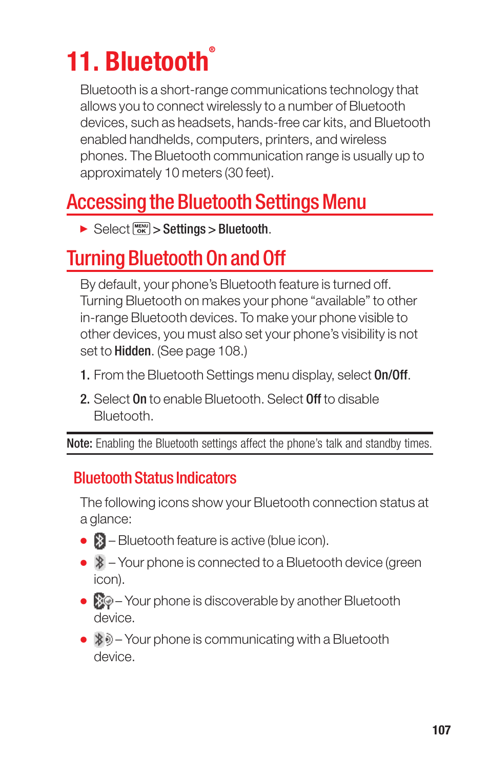 Bluetooth, Accessing the bluetooth settings menu, Turning bluetooth on and off | Bluetooth status indicators | Sanyo PRO-700 User Manual | Page 111 / 133