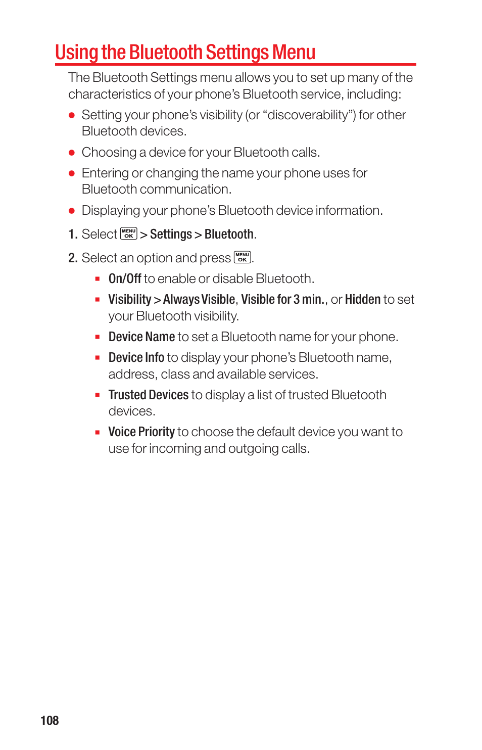 Using the bluetooth settings menu | Sanyo PRO-700 User Manual | Page 112 / 133