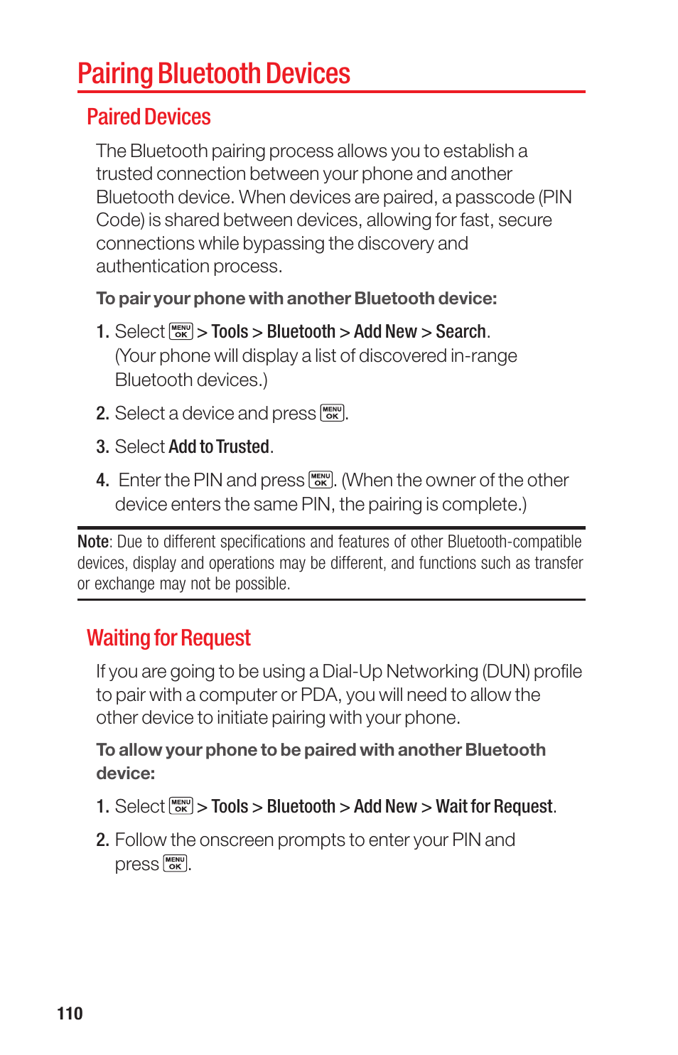 Pairing bluetooth devices, Paired devices, Waiting for request | Sanyo PRO-700 User Manual | Page 114 / 133