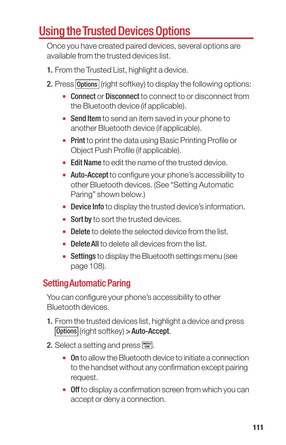 Using the trusted devices options, Setting automatic paring | Sanyo PRO-700 User Manual | Page 115 / 133