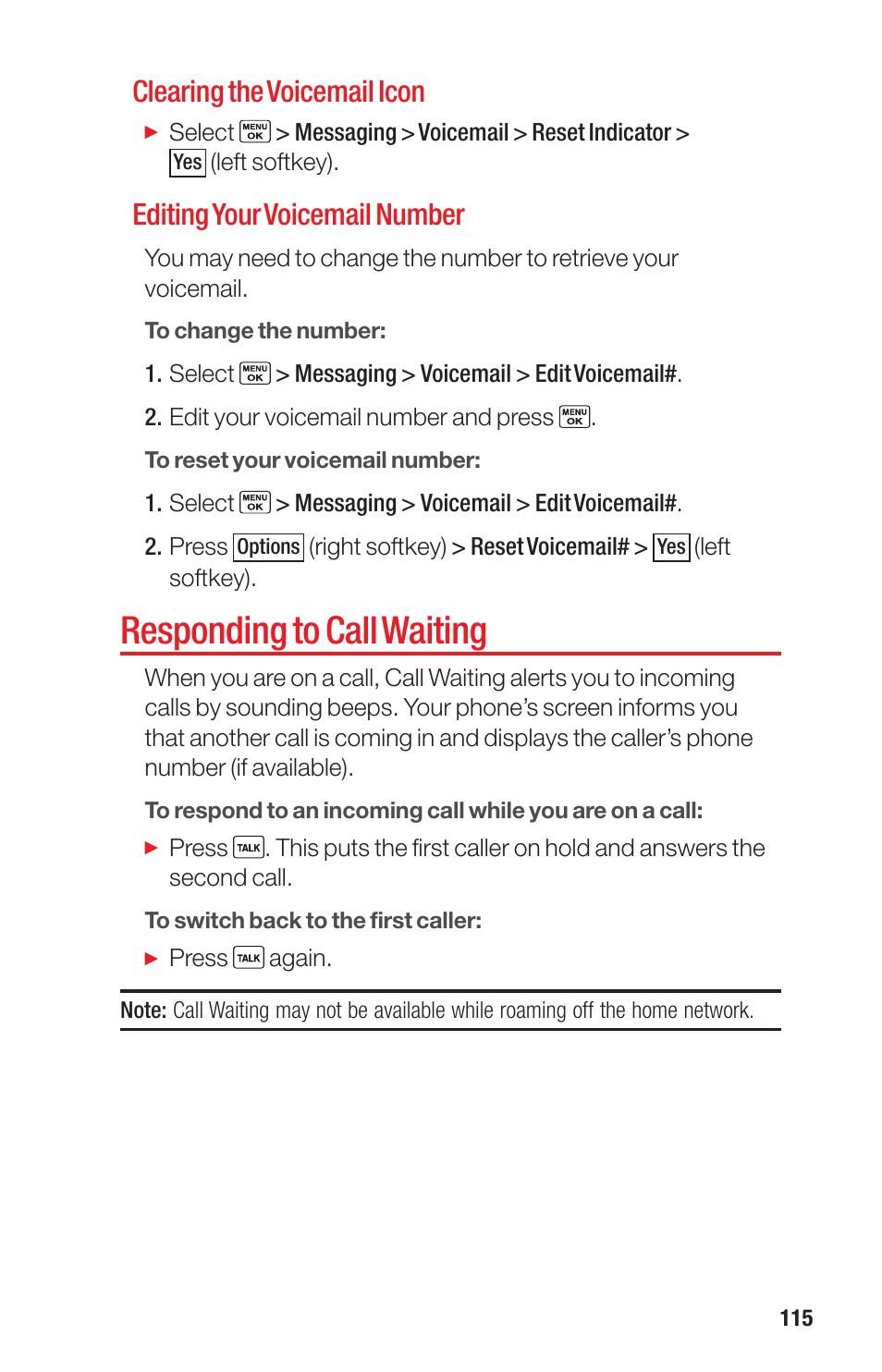 Responding to call waiting, Clearing the voicemail icon, Editing your voicemail number | Sanyo PRO-700 User Manual | Page 119 / 133