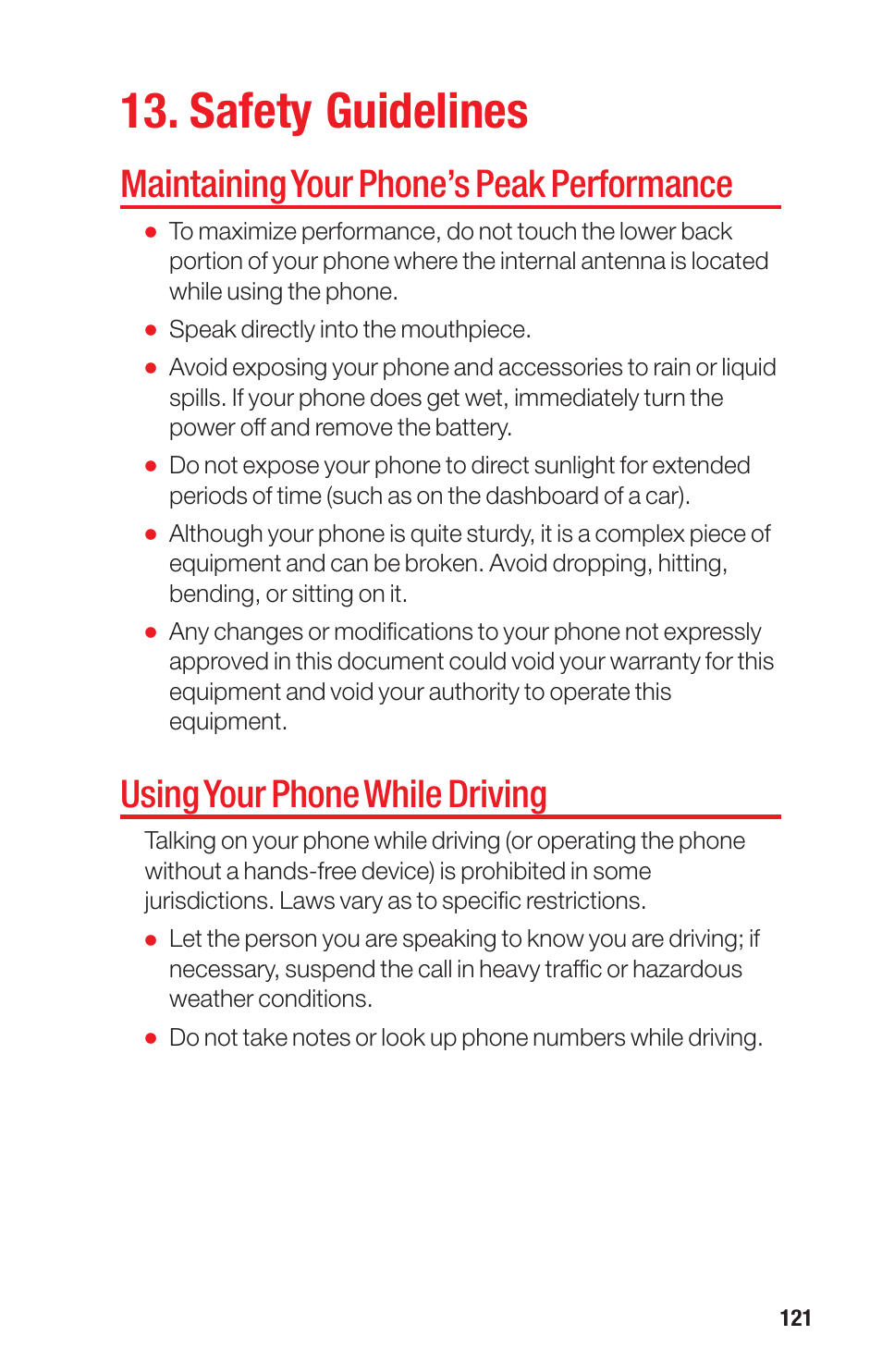 Safety guidelines, Maintaining your phone’s peak performance, Using your phone while driving | Sanyo PRO-700 User Manual | Page 125 / 133