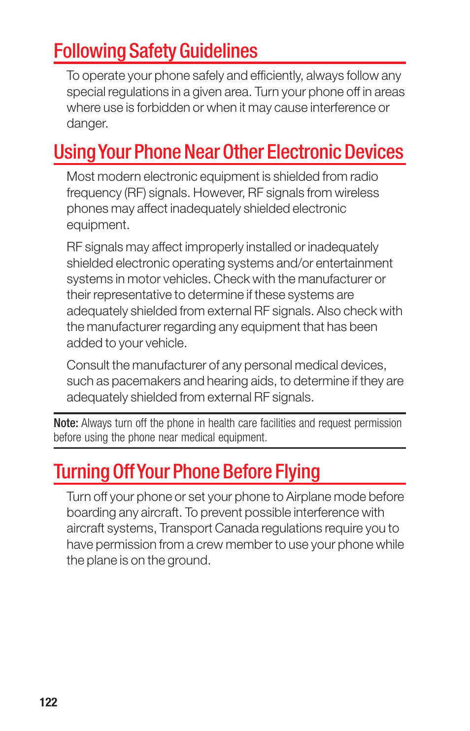 Following safety guidelines, Using your phone near other electronic devices, Turning off your phone before flying | Sanyo PRO-700 User Manual | Page 126 / 133