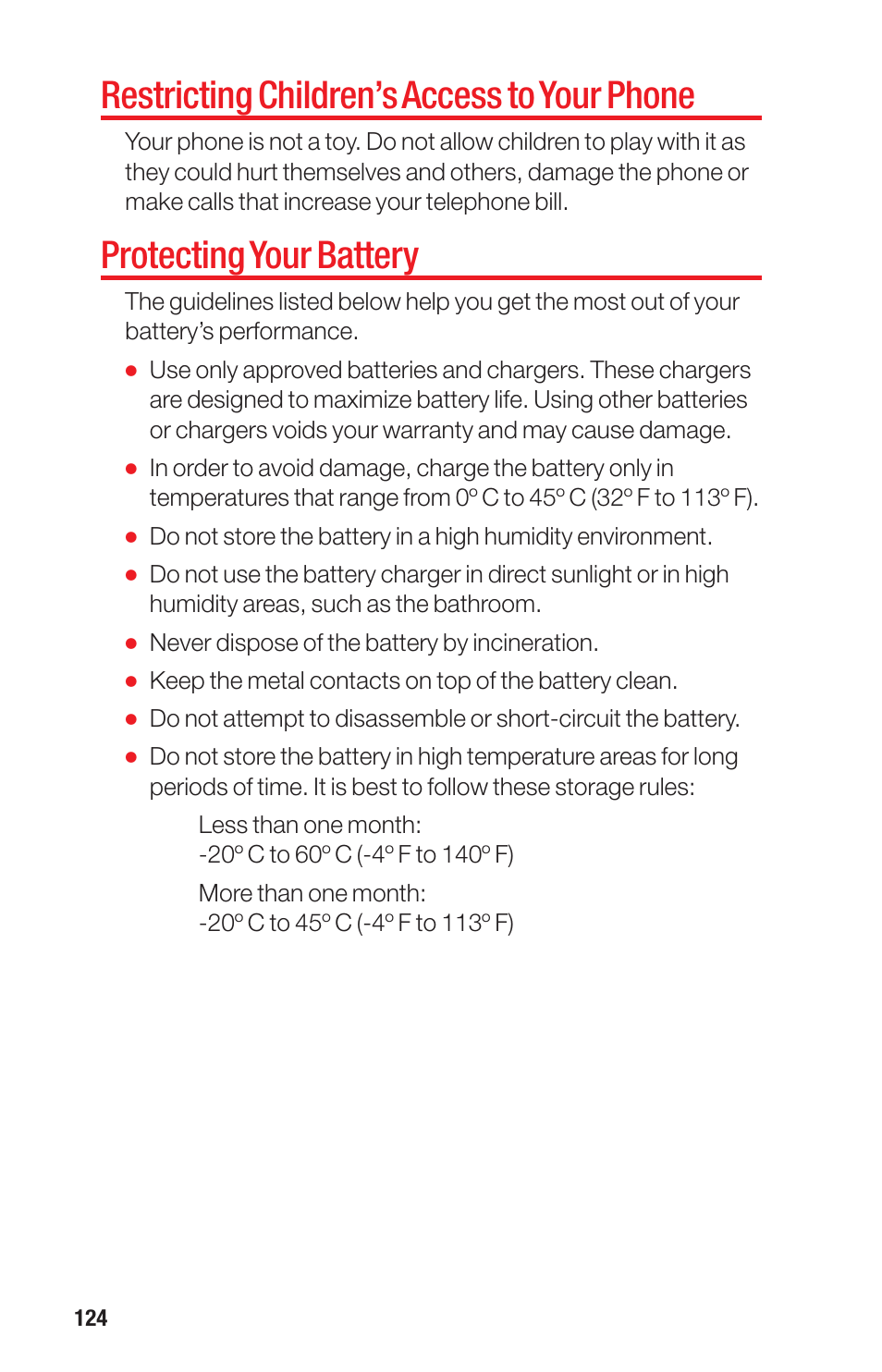 Restricting children’s access to your phone, Protecting your battery | Sanyo PRO-700 User Manual | Page 128 / 133