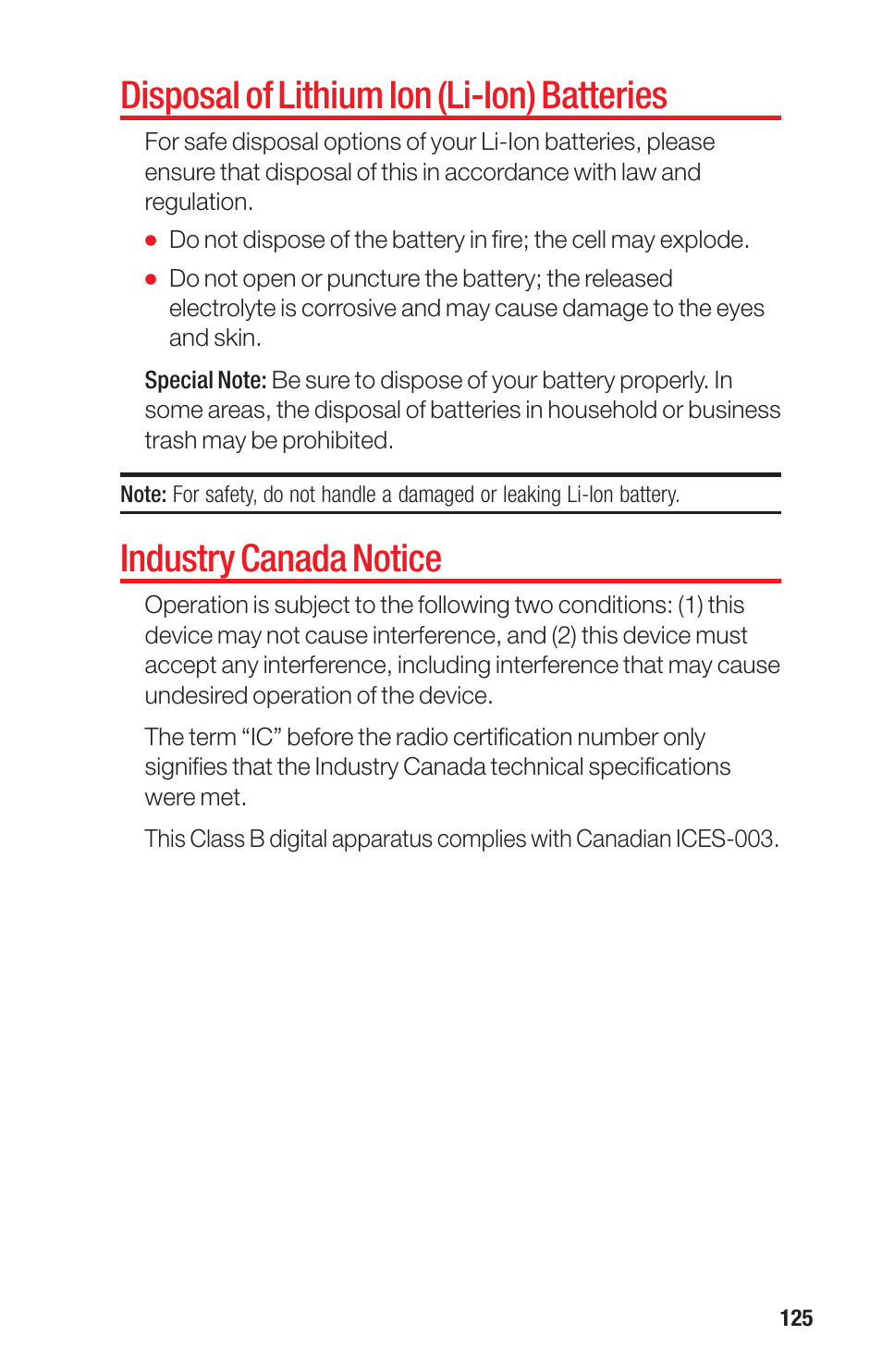 Disposal of lithium ion (li-ion) batteries, Industry canada notice | Sanyo PRO-700 User Manual | Page 129 / 133