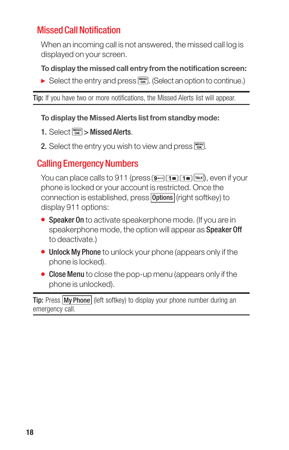 Missed call notification, Calling emergency numbers | Sanyo PRO-700 User Manual | Page 22 / 133