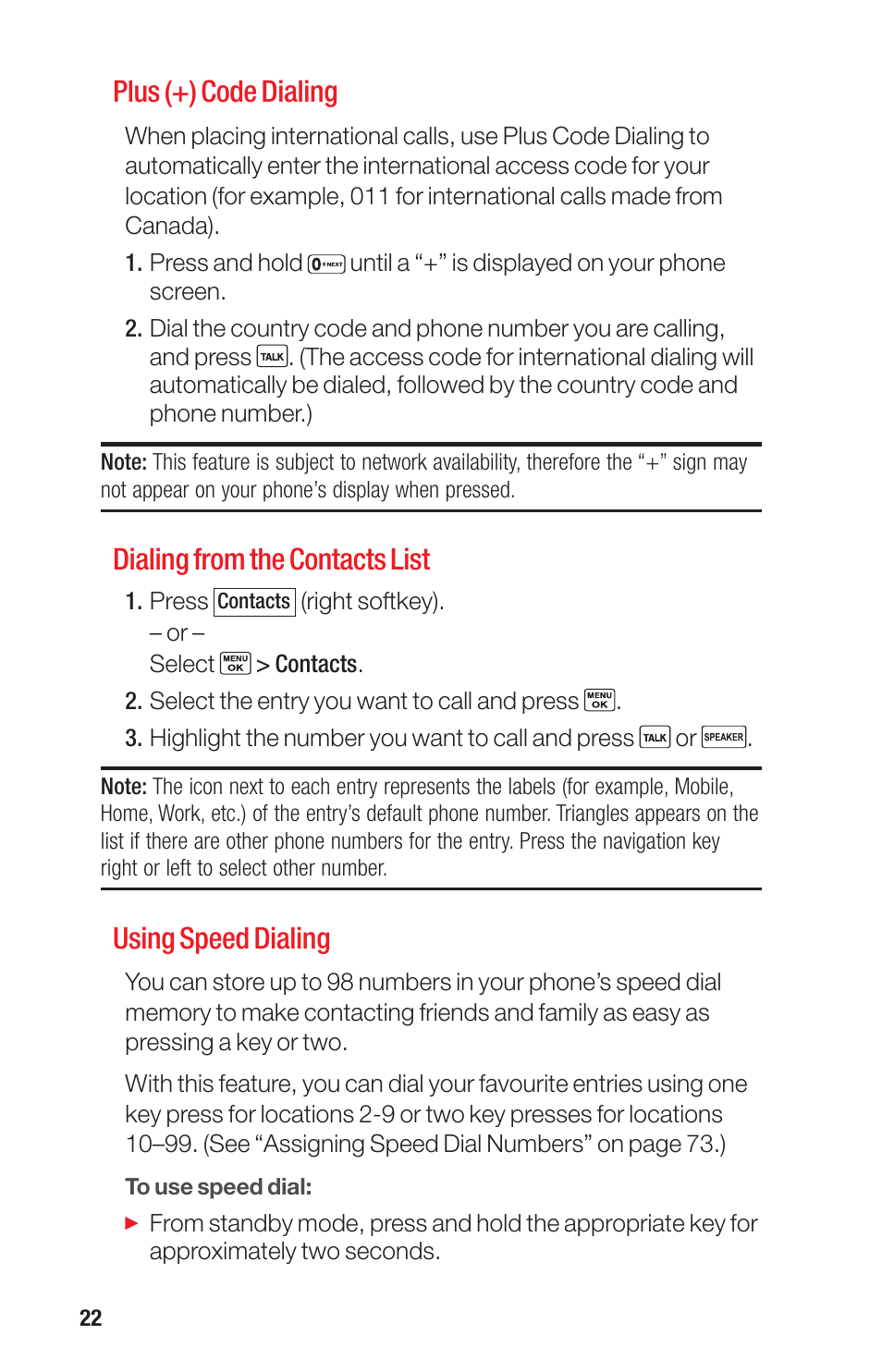 Ge 22), Plus (+) code dialing, Dialing from the contacts list | Using speed dialing | Sanyo PRO-700 User Manual | Page 26 / 133