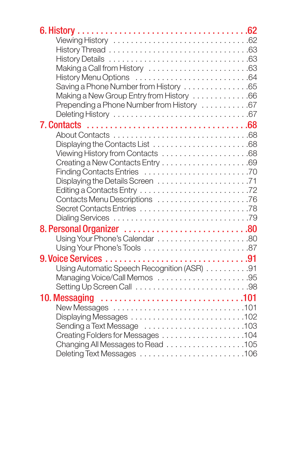 History, Contacts, Personal organizer | Voice services, Messaging | Sanyo PRO-700 User Manual | Page 3 / 133