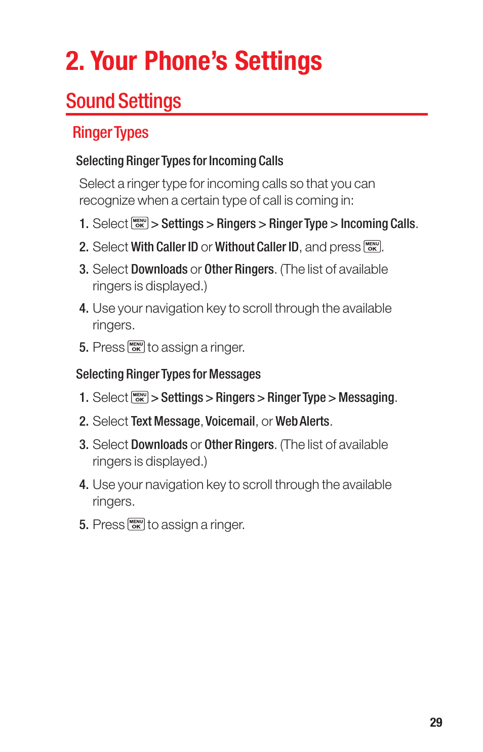 Your phone’s settings, Sound settings, Ringer types | Sanyo PRO-700 User Manual | Page 33 / 133