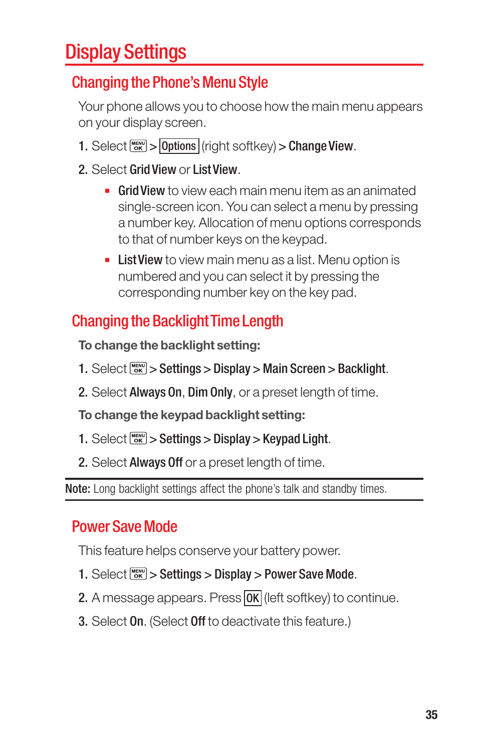 Display settings, Changing the phone’s menu style, Changing the backlight time length | Power save mode | Sanyo PRO-700 User Manual | Page 39 / 133