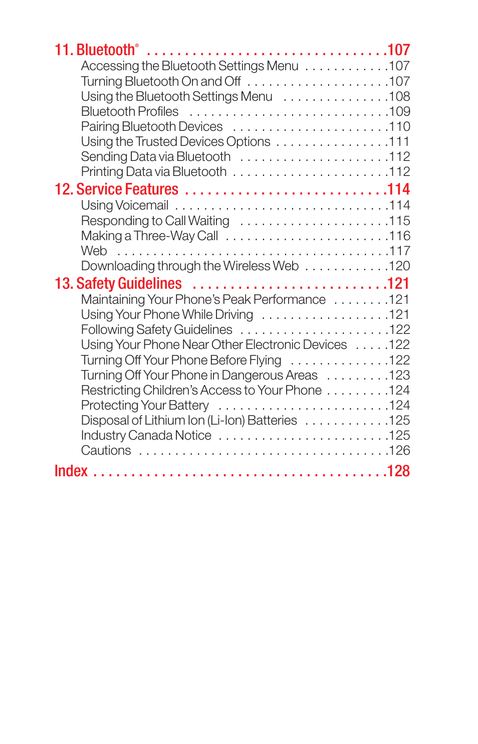 Bluetooth, Service features, Safety guidelines | Index | Sanyo PRO-700 User Manual | Page 4 / 133