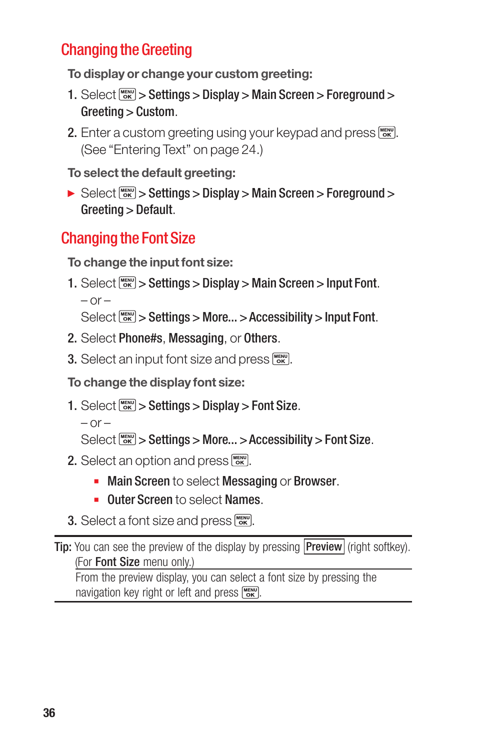 Changing the greeting, Changing the font size | Sanyo PRO-700 User Manual | Page 40 / 133