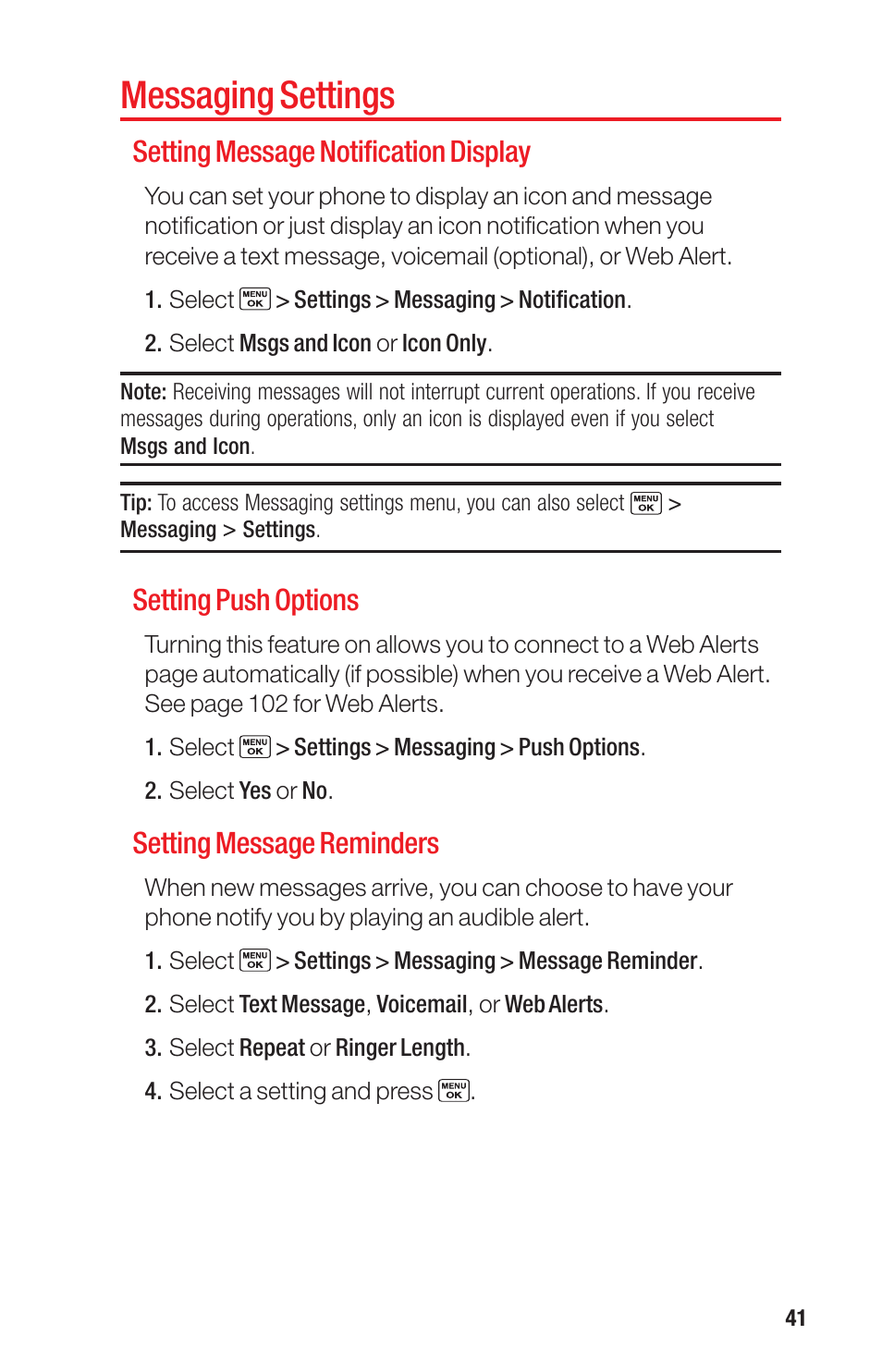 Messaging settings, Setting message notification display, Setting push options | Setting message reminders | Sanyo PRO-700 User Manual | Page 45 / 133