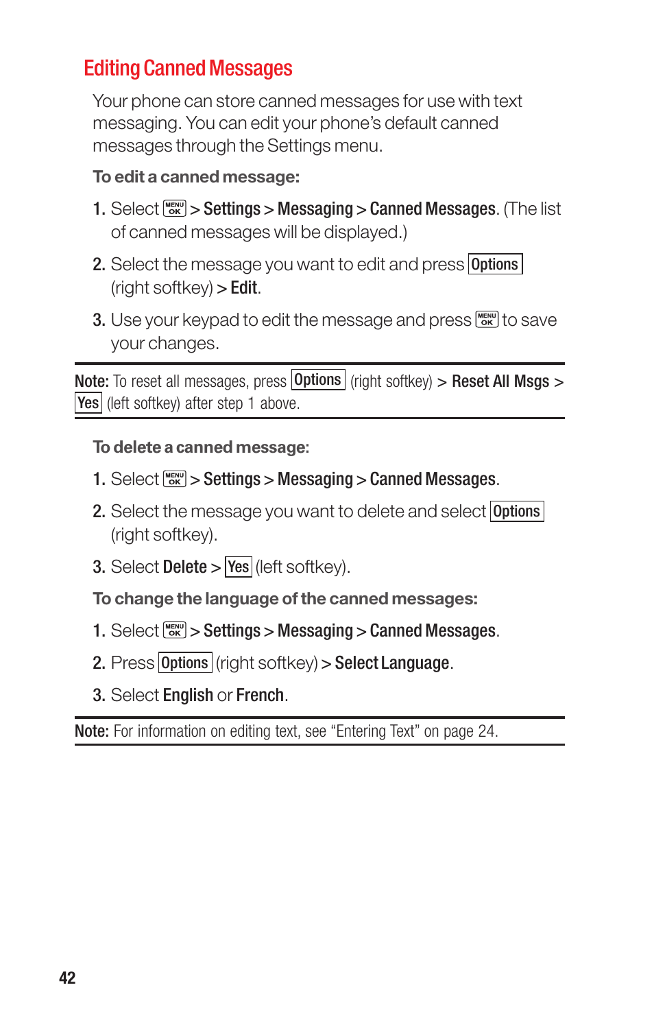 42 and 104, Editing canned messages | Sanyo PRO-700 User Manual | Page 46 / 133