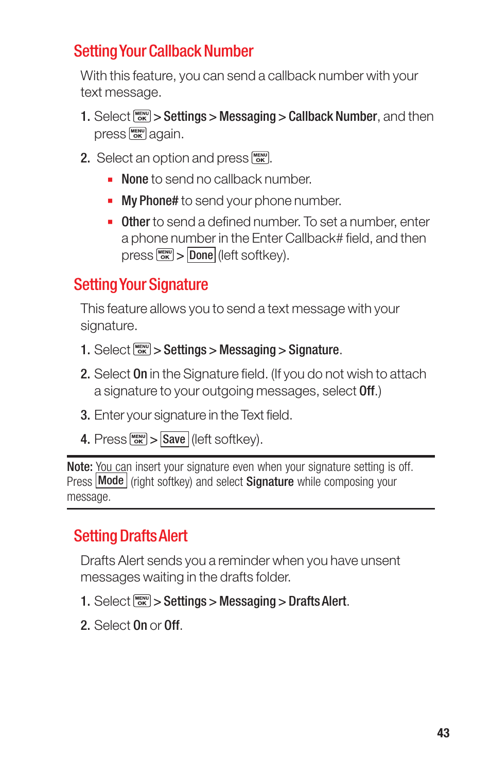 Setting your callback number, Setting your signature, Setting drafts alert | Sanyo PRO-700 User Manual | Page 47 / 133