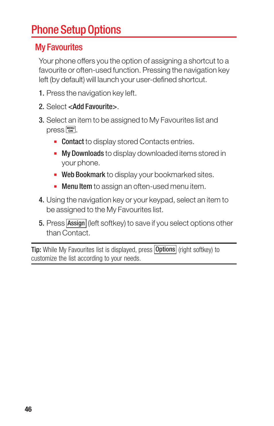 Phone setup options, My favourites | Sanyo PRO-700 User Manual | Page 50 / 133