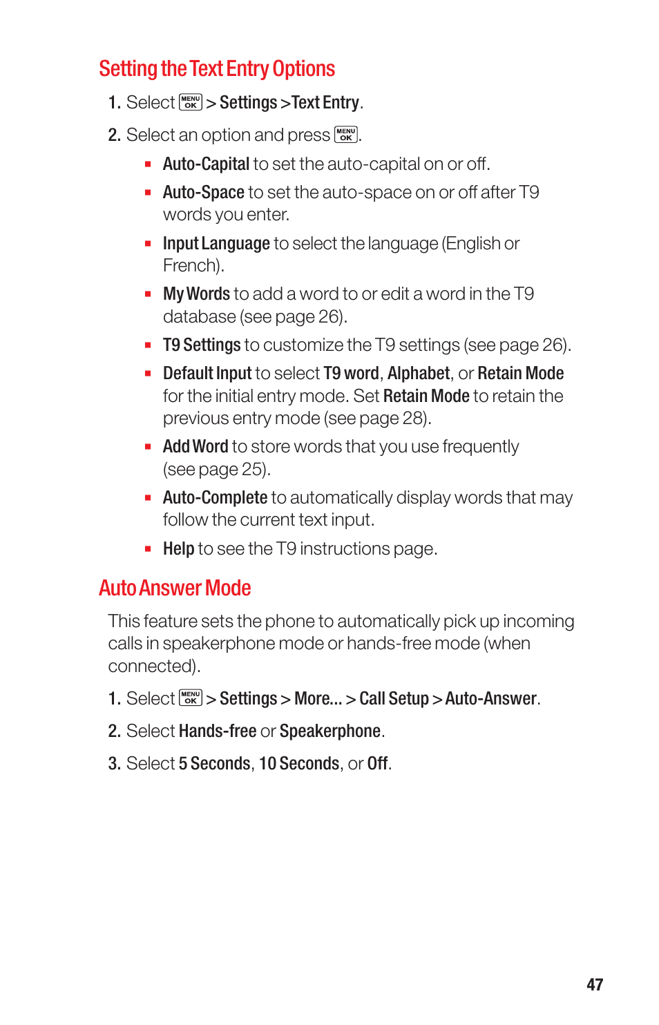 Setting the text entry options, Auto answer mode | Sanyo PRO-700 User Manual | Page 51 / 133