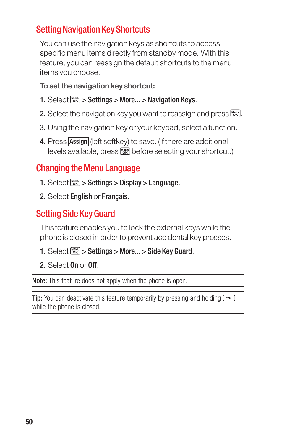 Setting navigation key shortcuts, Changing the menu language, Setting side key guard | Sanyo PRO-700 User Manual | Page 54 / 133