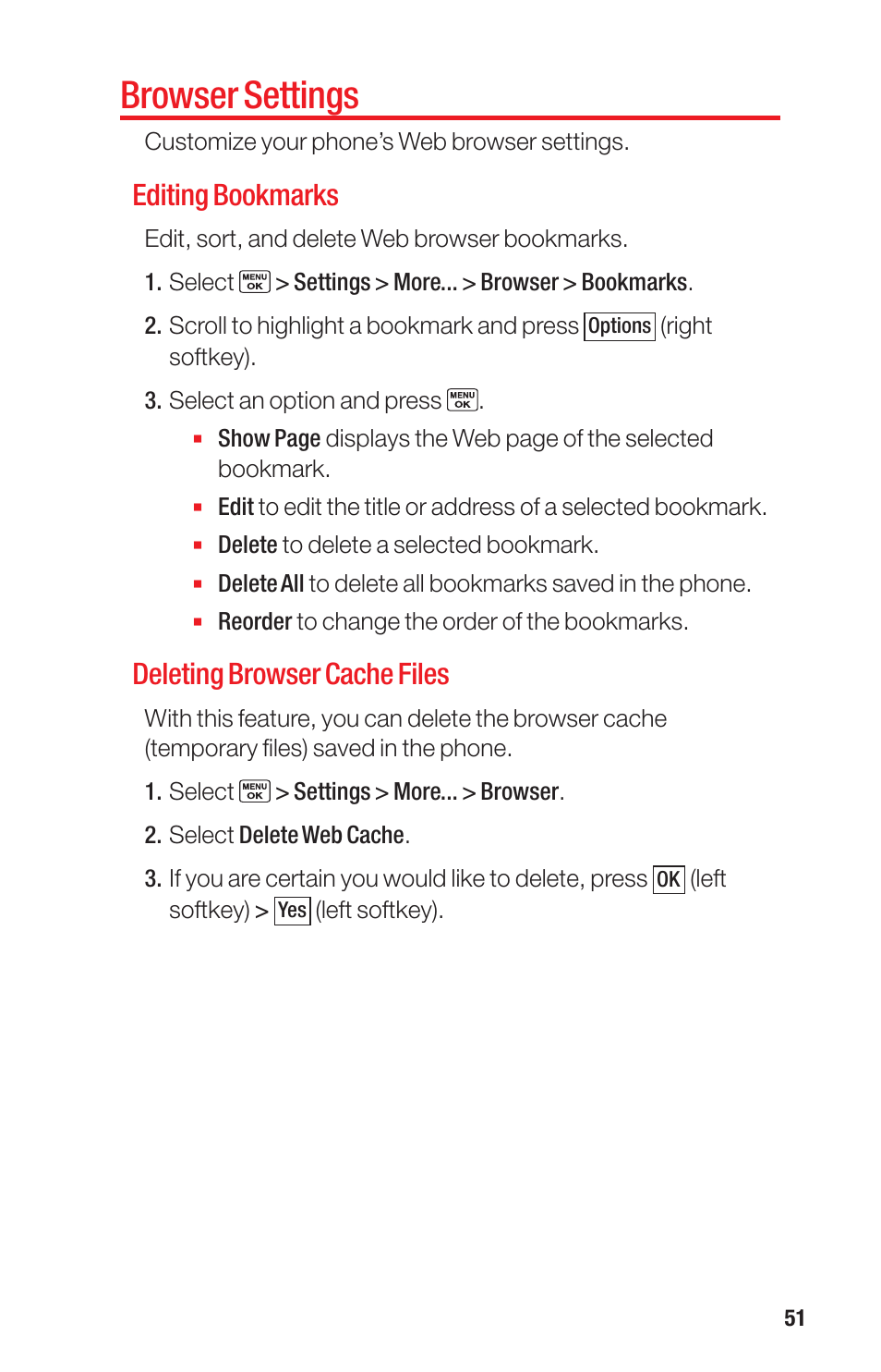 Browser settings, Editing bookmarks, Deleting browser cache files | Sanyo PRO-700 User Manual | Page 55 / 133