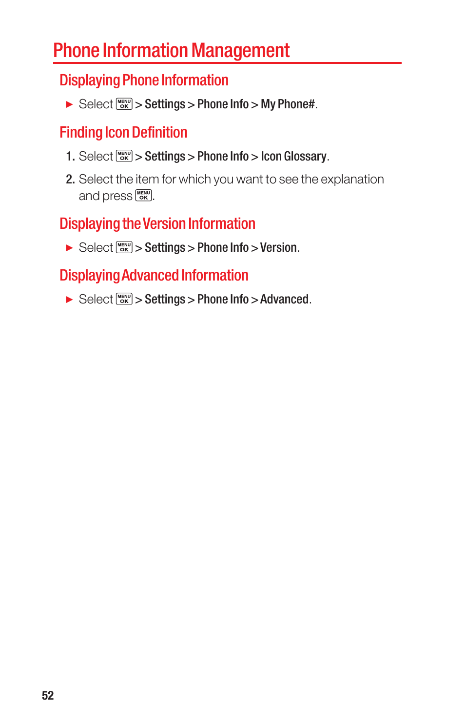 Phone information management, Displaying phone information, Finding icon definition | Displaying the version information, Displaying advanced information | Sanyo PRO-700 User Manual | Page 56 / 133