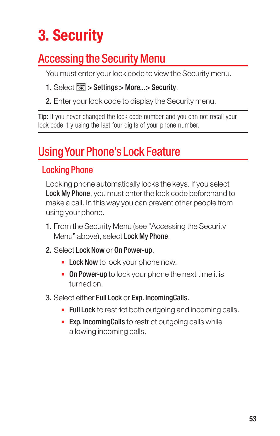 Security, Accessing the security menu, Using your phone’s lock feature | Locking phone | Sanyo PRO-700 User Manual | Page 57 / 133