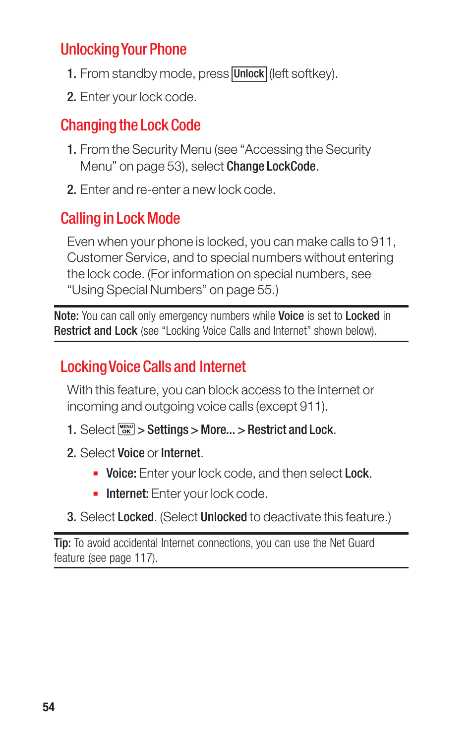 Unlocking your phone, Changing the lock code, Calling in lock mode | Locking voice calls and internet | Sanyo PRO-700 User Manual | Page 58 / 133