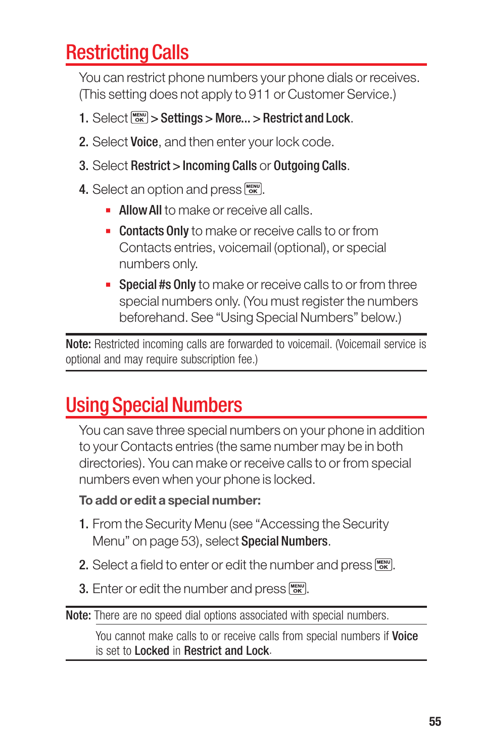 Restricting calls, Using special numbers | Sanyo PRO-700 User Manual | Page 59 / 133