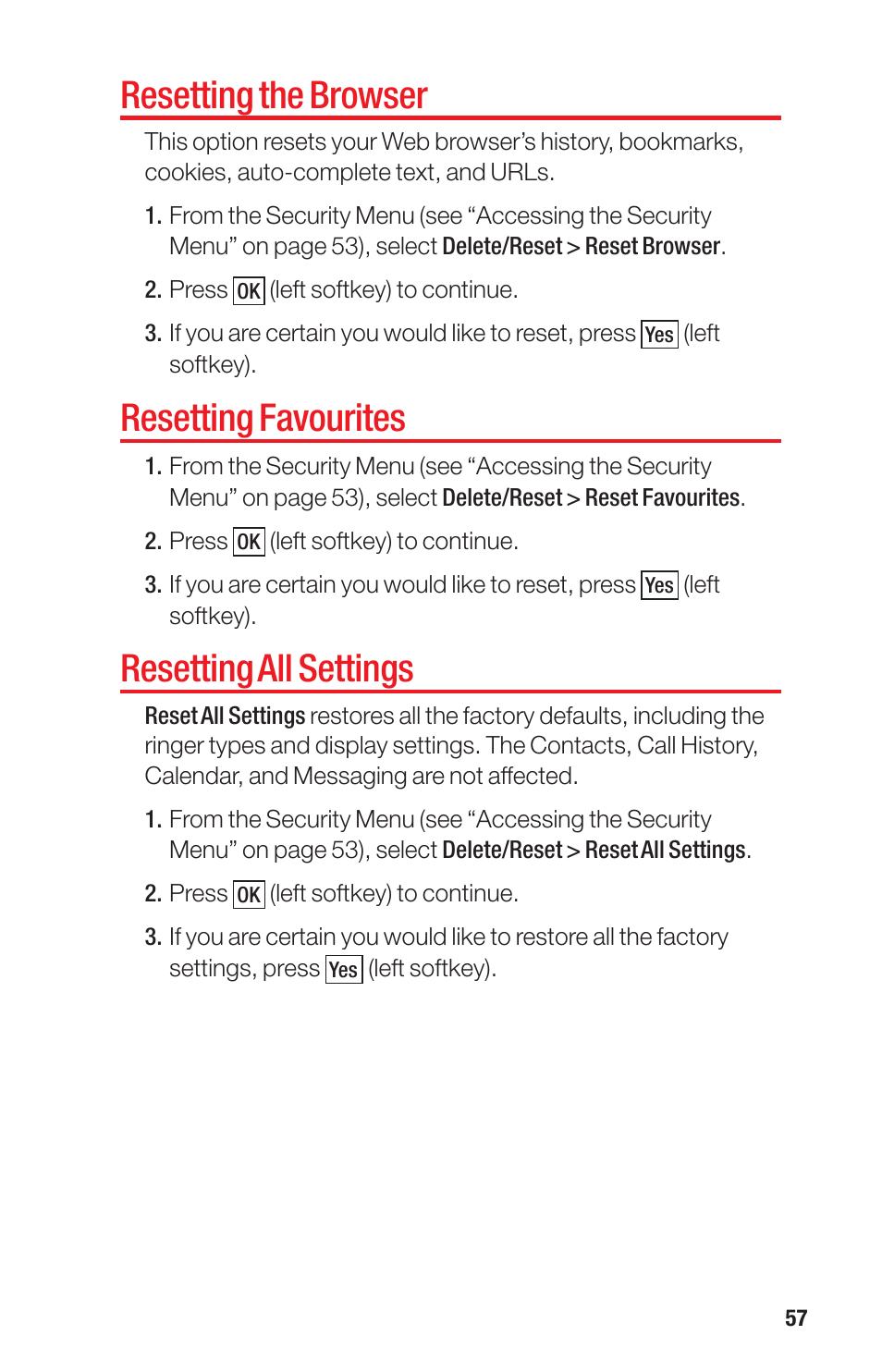 Resetting the browser, Resetting favourites, Resetting all settings | Sanyo PRO-700 User Manual | Page 61 / 133