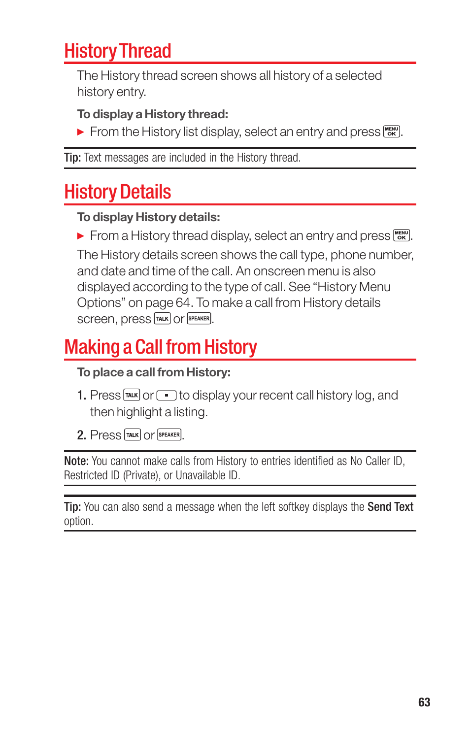 History thread, History details, Making a call from history | Ge 63) | Sanyo PRO-700 User Manual | Page 67 / 133