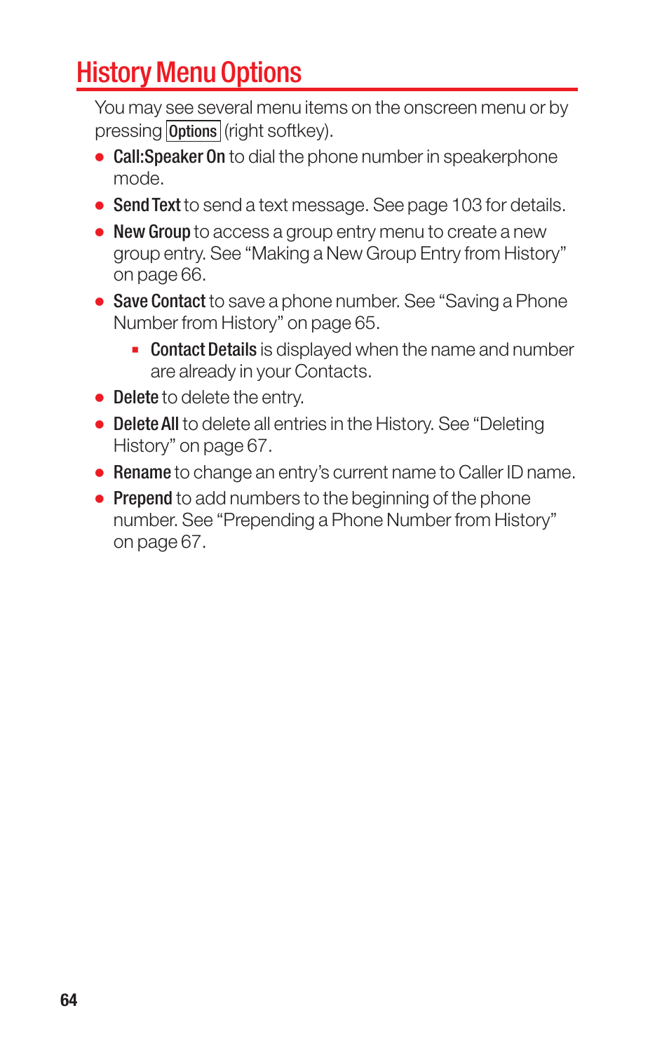 History menu options | Sanyo PRO-700 User Manual | Page 68 / 133