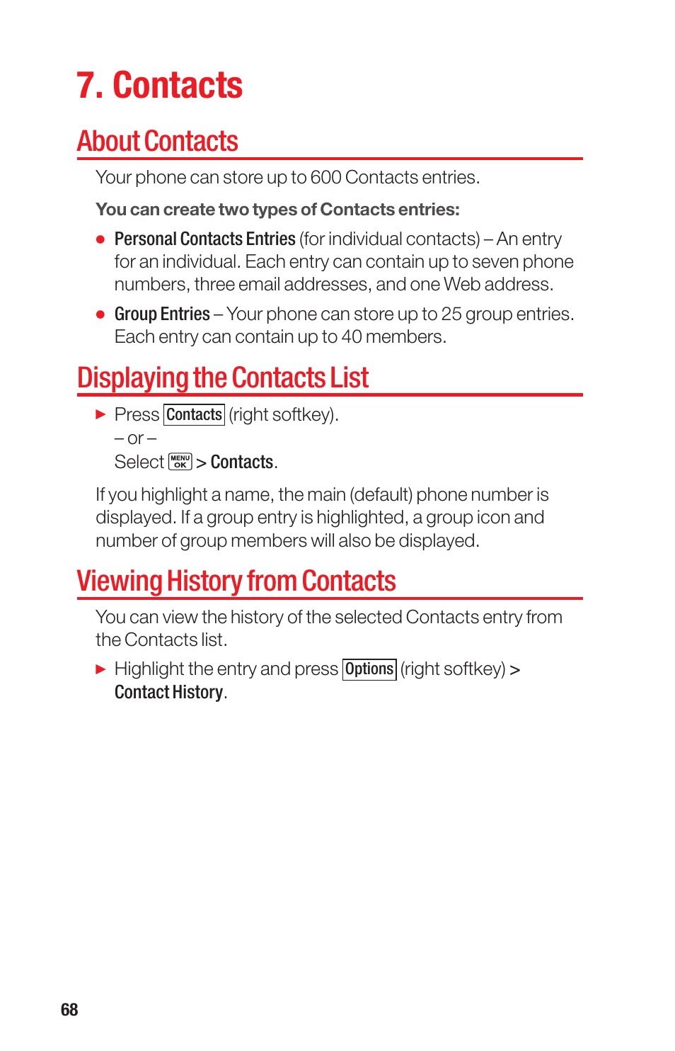 Contacts, About contacts, Displaying the contacts list | Viewing history from contacts | Sanyo PRO-700 User Manual | Page 72 / 133