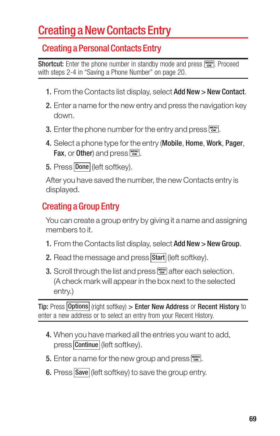 Creating a new contacts entry, Creating a personal contacts entry, Creating a group entry | Sanyo PRO-700 User Manual | Page 73 / 133