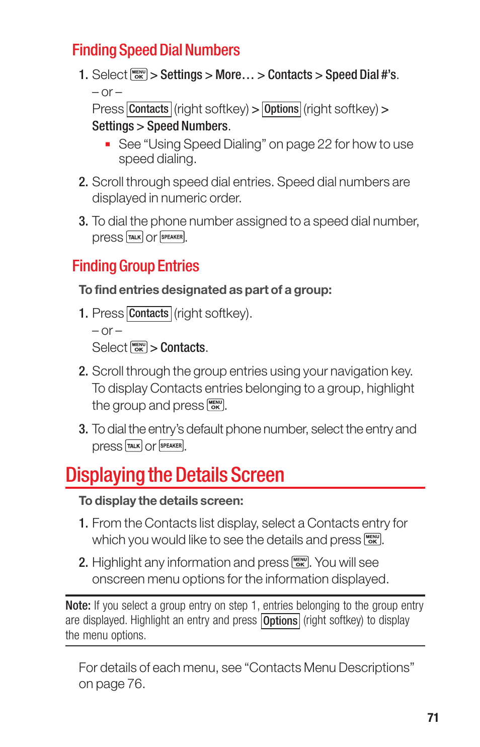 Displaying the details screen, Finding speed dial numbers, Finding group entries | Sanyo PRO-700 User Manual | Page 75 / 133