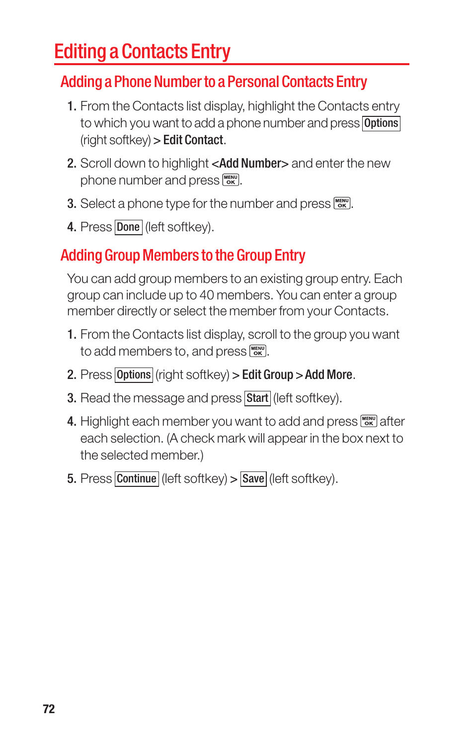 Editing a contacts entry, Adding a phone number to a personal contacts entry, Adding group members to the group entry | Sanyo PRO-700 User Manual | Page 76 / 133