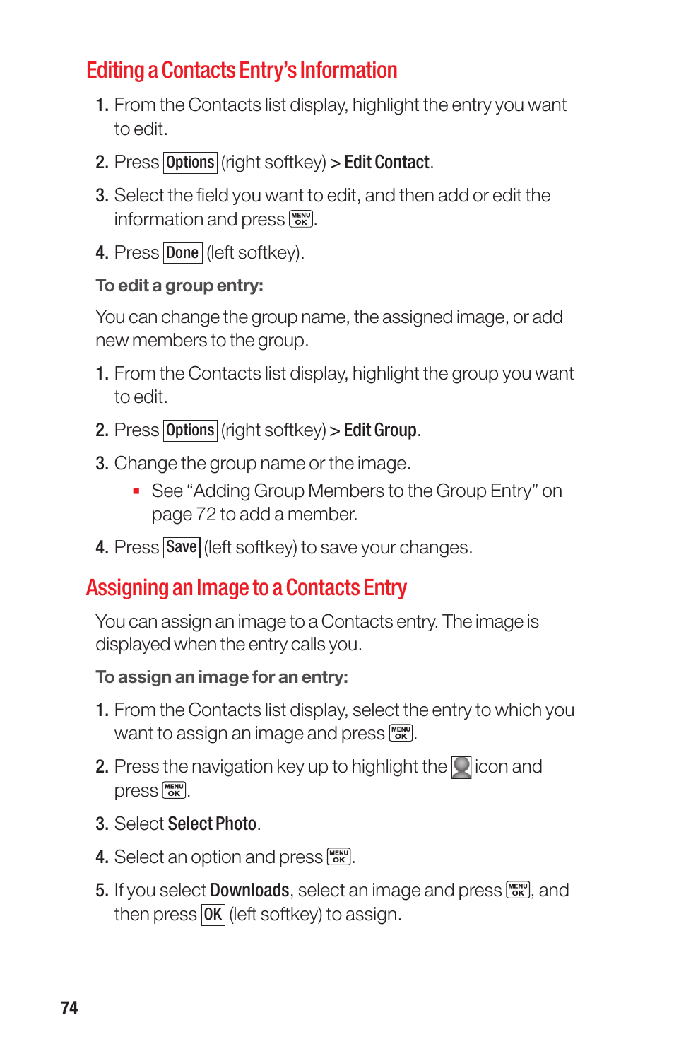 Editing a contacts entry’s information, Assigning an image to a contacts entry | Sanyo PRO-700 User Manual | Page 78 / 133