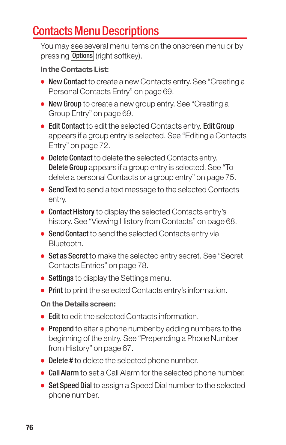 Contacts menu descriptions | Sanyo PRO-700 User Manual | Page 80 / 133