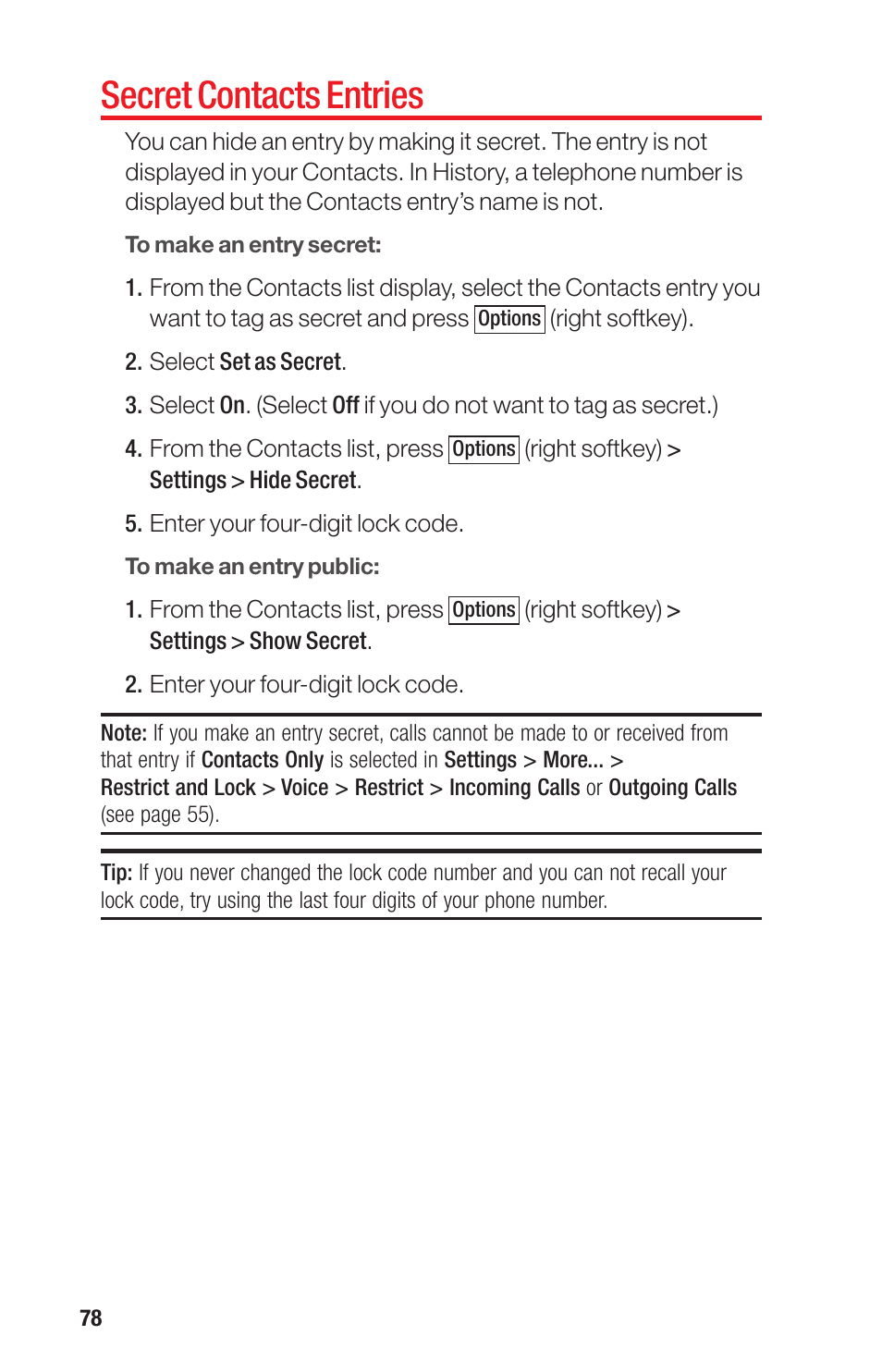 Secret contacts entries | Sanyo PRO-700 User Manual | Page 82 / 133