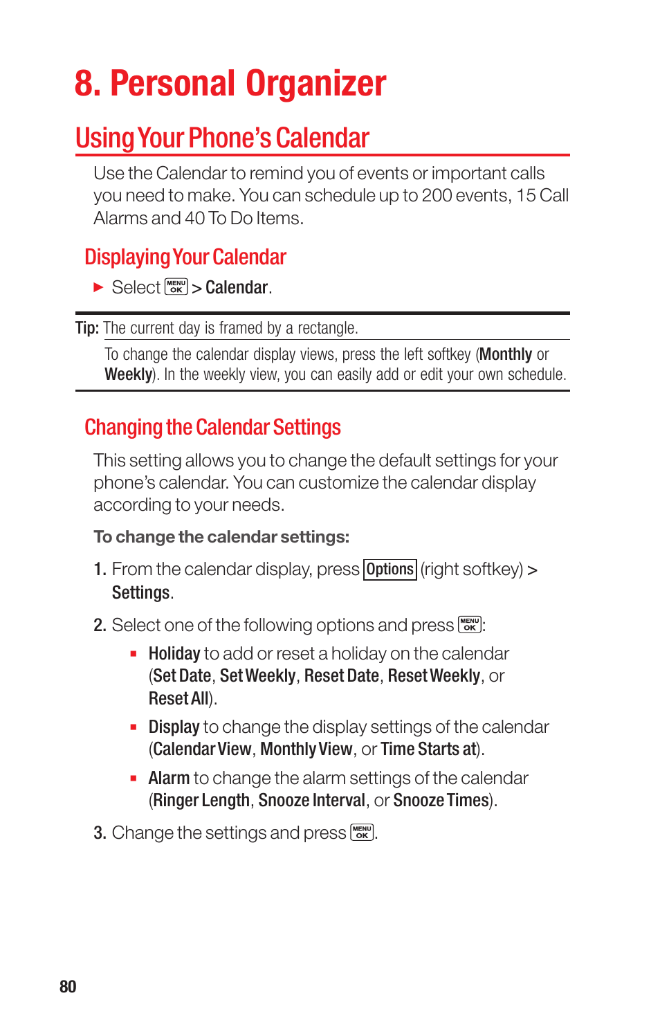 Personal organizer, Using your phone’s calendar, Displaying your calendar | Changing the calendar settings | Sanyo PRO-700 User Manual | Page 84 / 133