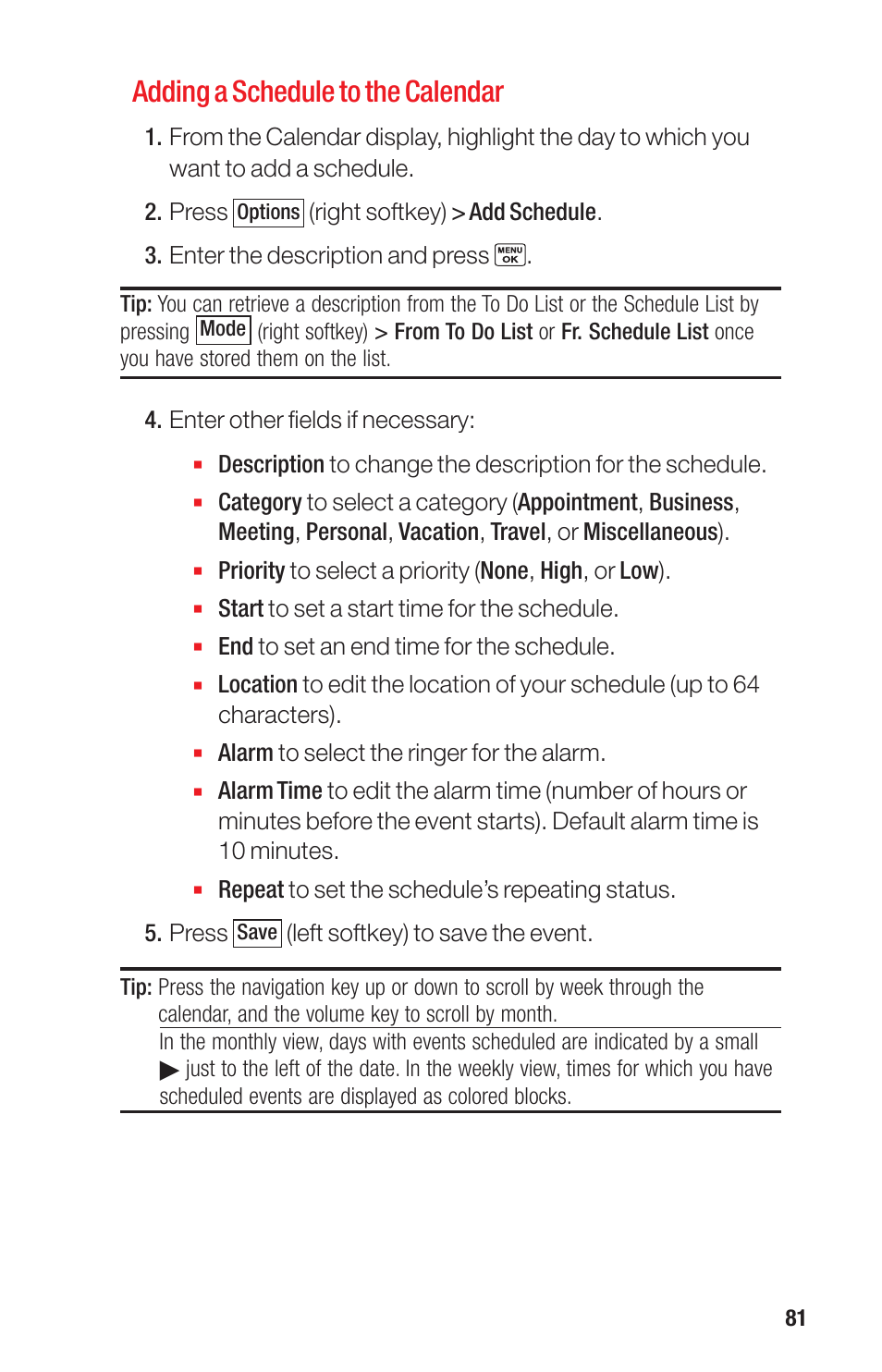 Adding a schedule to the calendar | Sanyo PRO-700 User Manual | Page 85 / 133