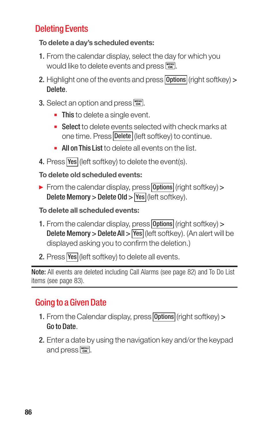 Deleting events, Going to a given date | Sanyo PRO-700 User Manual | Page 90 / 133