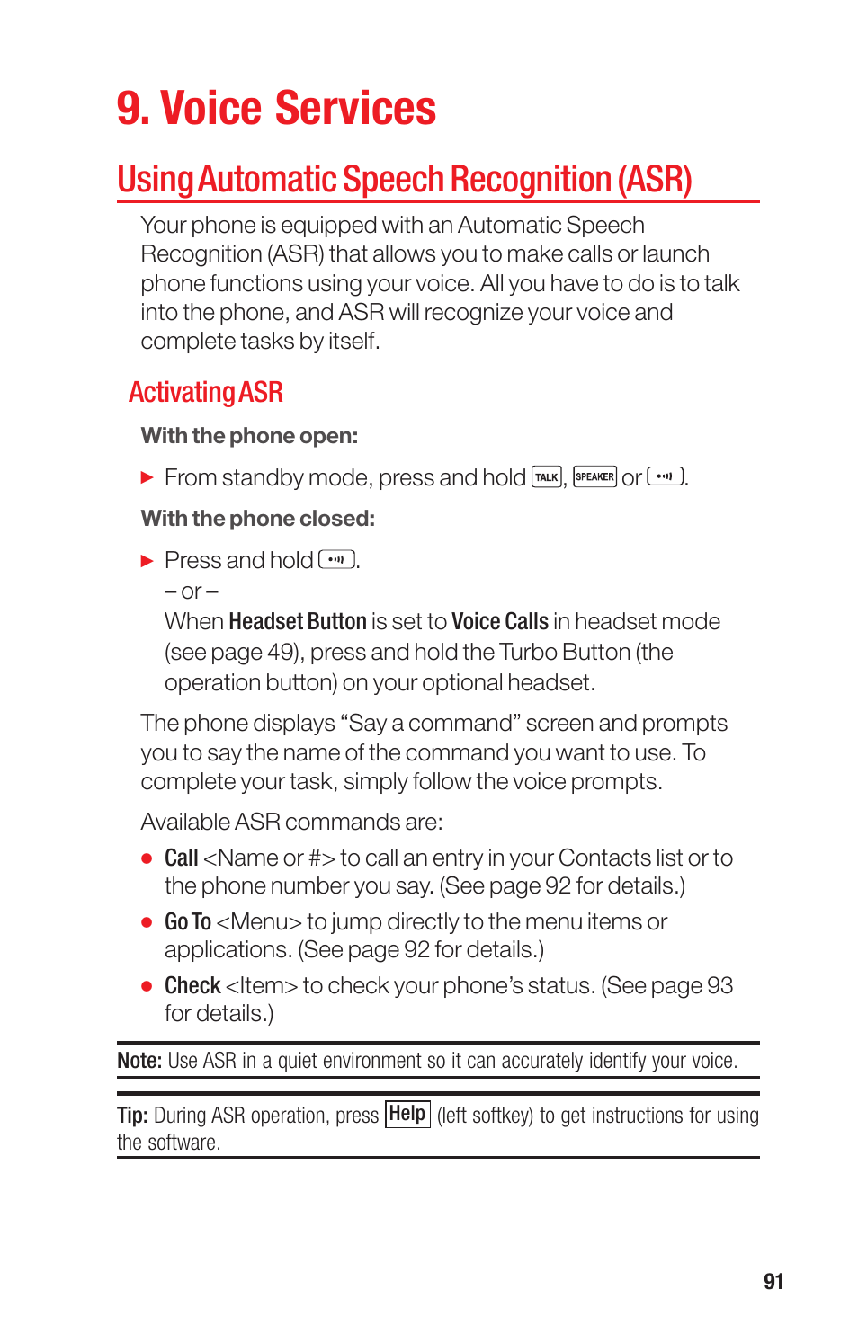 Voice services, Using automatic speech recognition (asr), Activating asr | Sanyo PRO-700 User Manual | Page 95 / 133