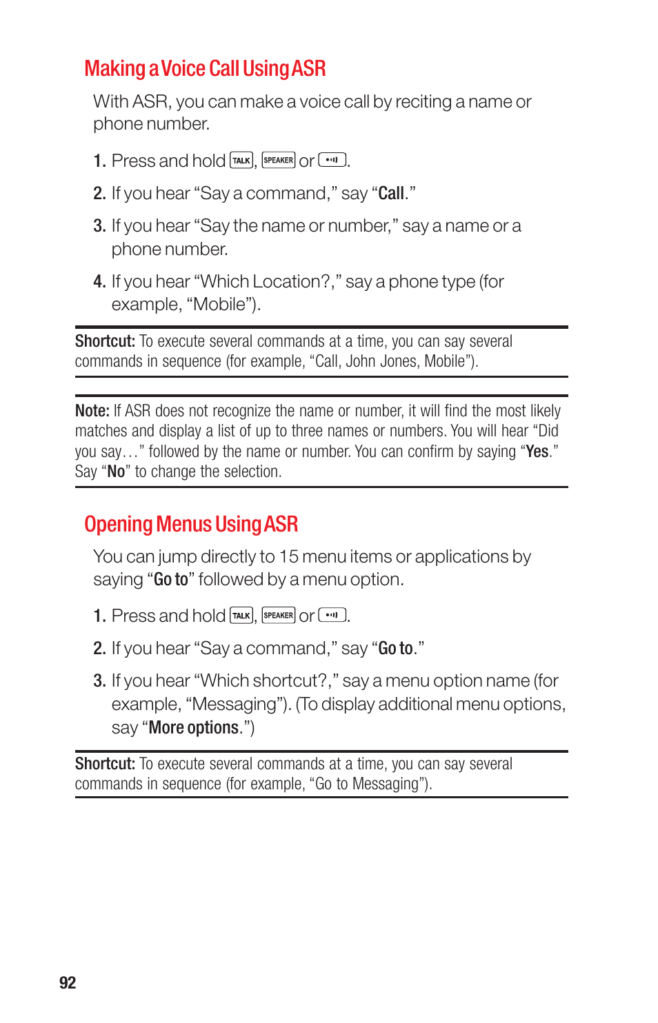 Ge 92), Making a voice call using asr, Opening menus using asr | Sanyo PRO-700 User Manual | Page 96 / 133