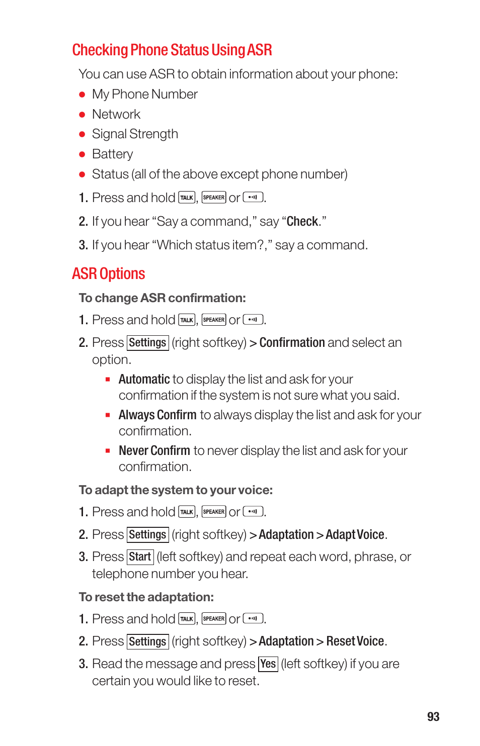 Checking phone status using asr, Asr options | Sanyo PRO-700 User Manual | Page 97 / 133