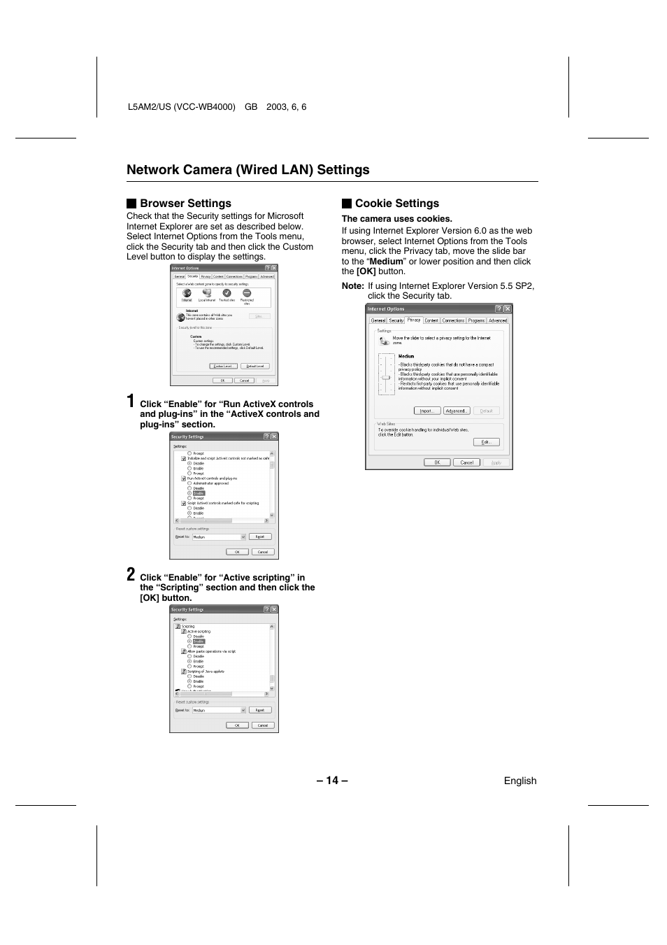 Network camera (wired lan) settings | Sanyo VCC-WB4000 User Manual | Page 15 / 68