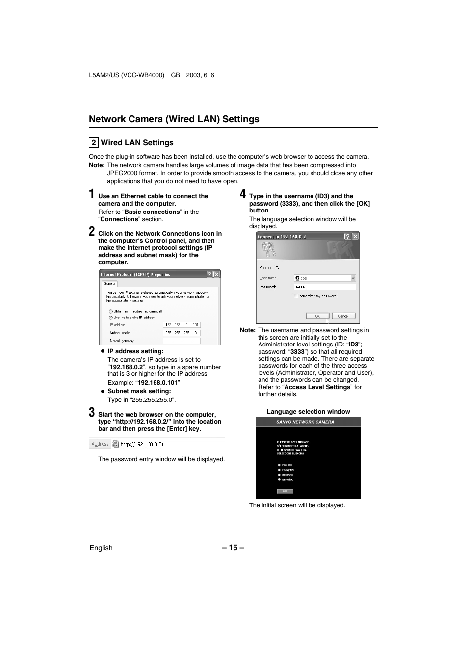 Network camera (wired lan) settings | Sanyo VCC-WB4000 User Manual | Page 16 / 68