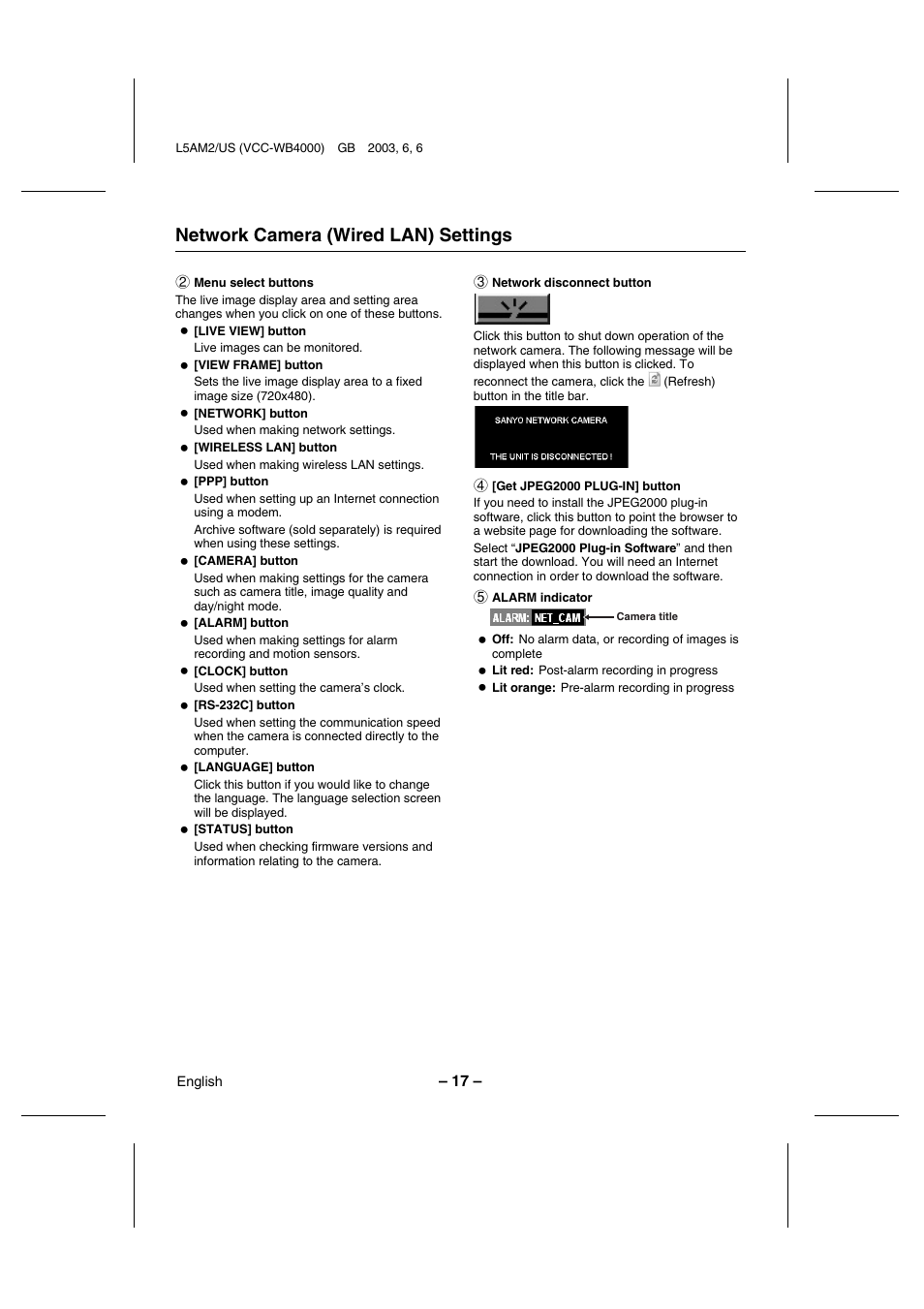 Network camera (wired lan) settings | Sanyo VCC-WB4000 User Manual | Page 18 / 68