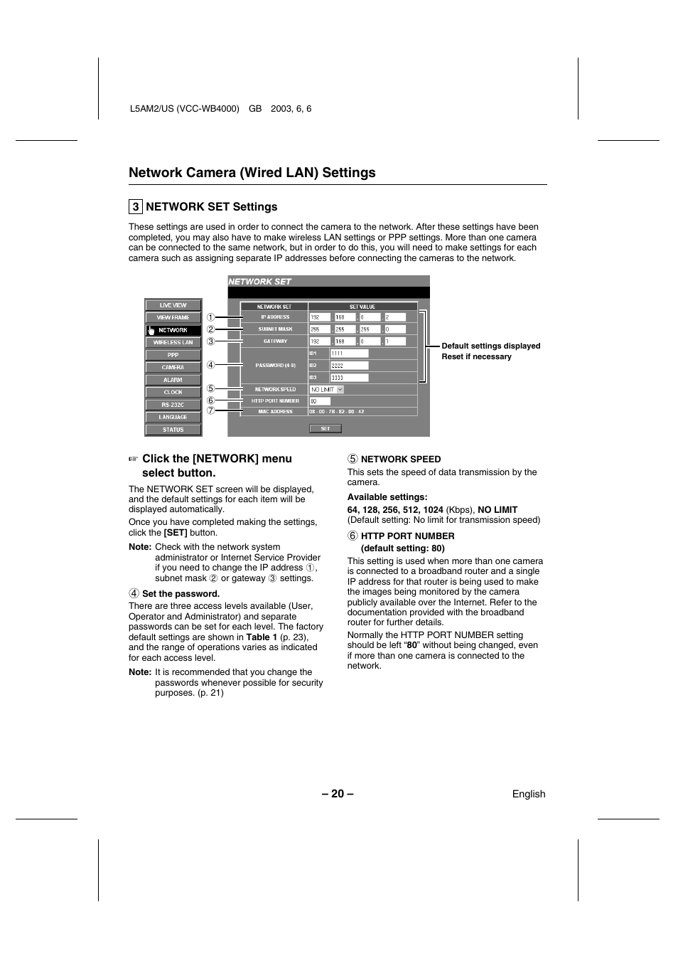 Network camera (wired lan) settings | Sanyo VCC-WB4000 User Manual | Page 21 / 68